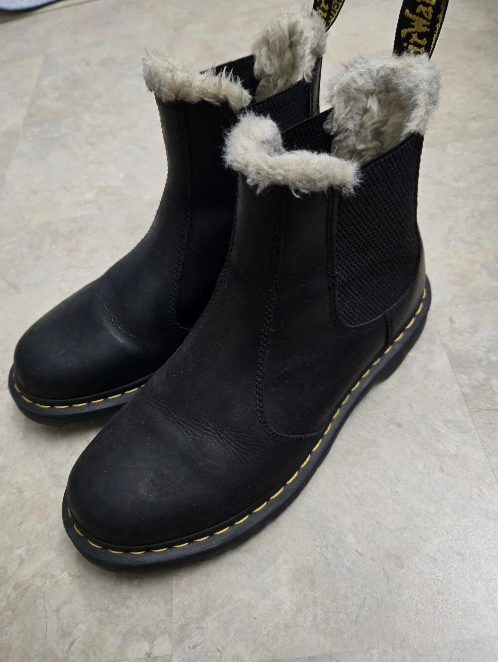 Dr. Martens Men's 2976 Black Leather Chelsea Boot with Cream Shearling Collar